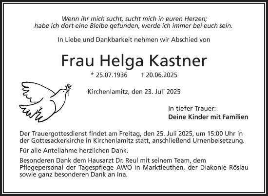 Traueranzeige von Helga Kastner von Frankenpost