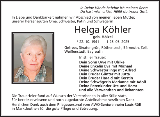 Traueranzeige von Helga Köhler von Frankenpost