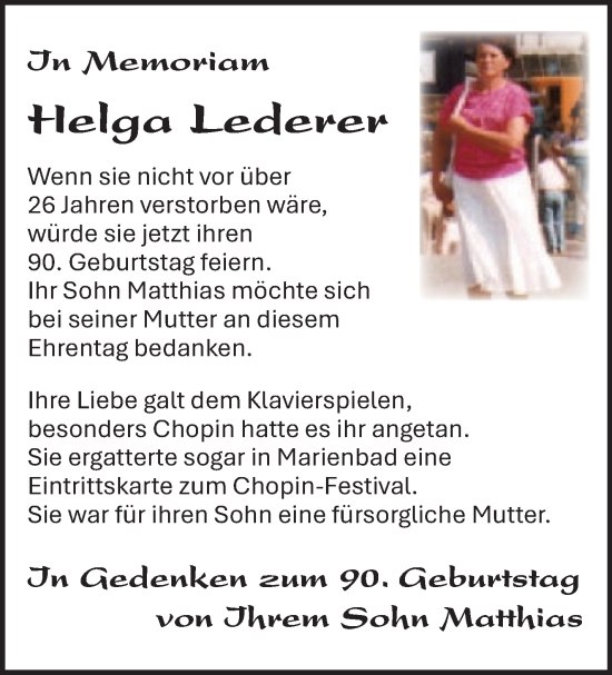 Traueranzeige von Helga Lederer von Südthüringer Presse