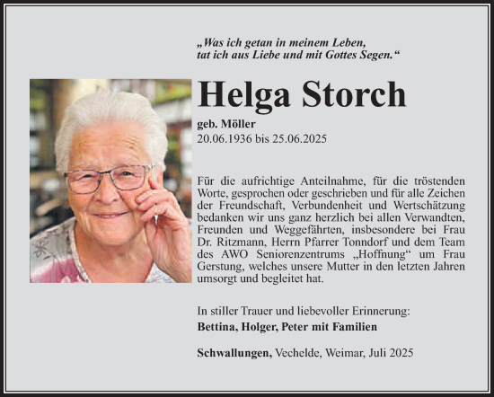 Traueranzeige von Helga Storch von Südthüringer Presse