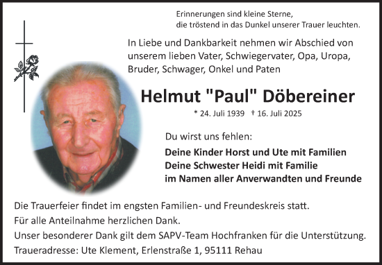 Traueranzeige von Helmut Döbereiner von Südthüringer Presse