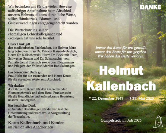 Traueranzeige von Helmut Kallenbach von Südthüringer Presse