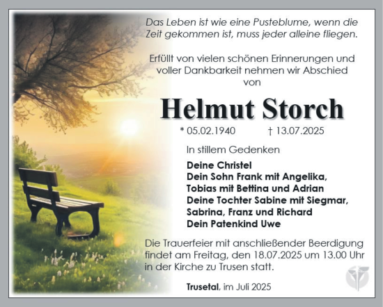 Traueranzeige von Helmut Storch von Südthüringer Presse