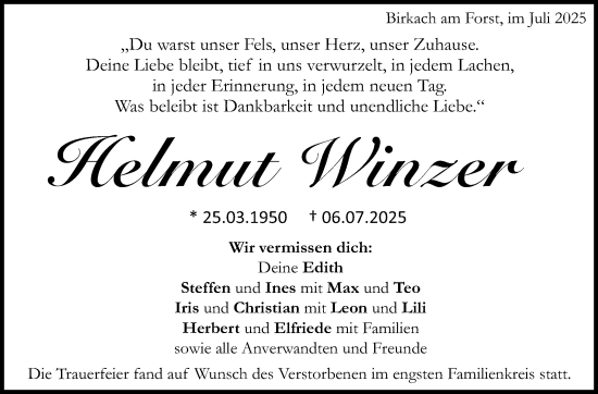 Traueranzeige von Helmut Winzer von Südthüringer Presse
