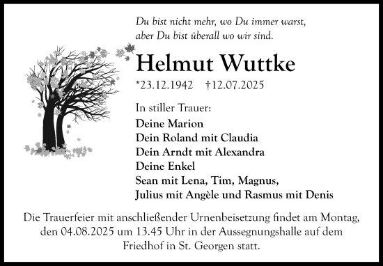 Traueranzeige von Helmut Wuttke von Südthüringer Presse