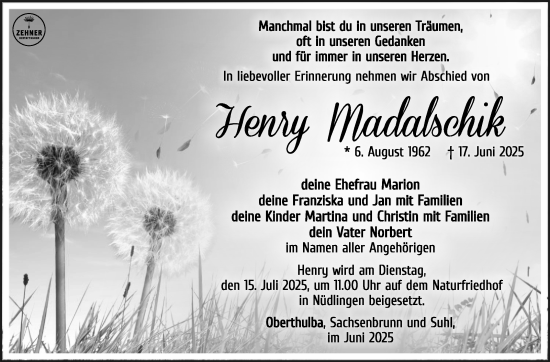 Traueranzeige von Henry Madalschik von Südthüringer Presse