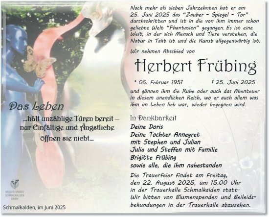 Traueranzeige von Herbert Frübing von Südthüringer Presse