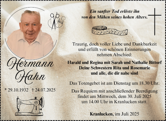 Traueranzeige von Hermann Hahn von Südthüringer Presse