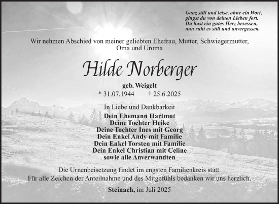 Traueranzeige von Hilde Norberger von Südthüringer Presse