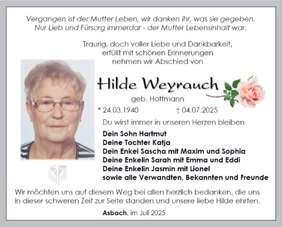Traueranzeige von Hilde Weyrauch von Südthüringer Presse