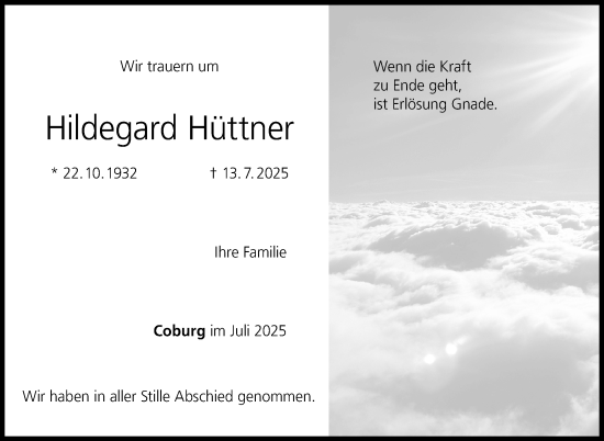 Traueranzeige von Hildegard Hüttner von Südthüringer Presse