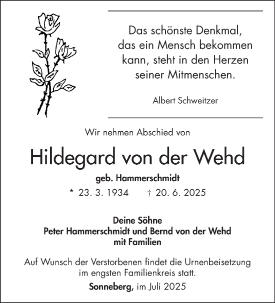 Traueranzeige von Hildegard von der Wehd von Südthüringer Presse