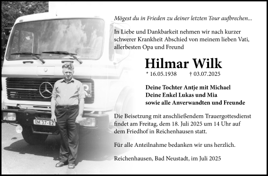 Traueranzeige von Hilmar Wilk von Südthüringer Presse