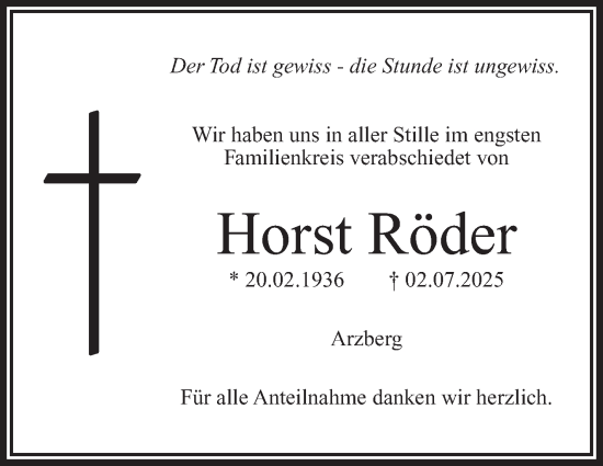 Traueranzeige von Horst Röder von Frankenpost