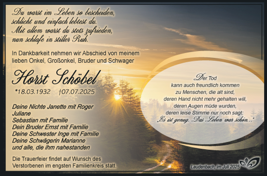 Traueranzeige von Horst Schöbel von Südthüringer Presse