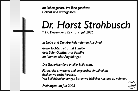 Traueranzeige von Horst Strohbusch von Südthüringer Presse