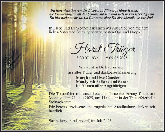Traueranzeige von Horst Träger von Südthüringer Presse