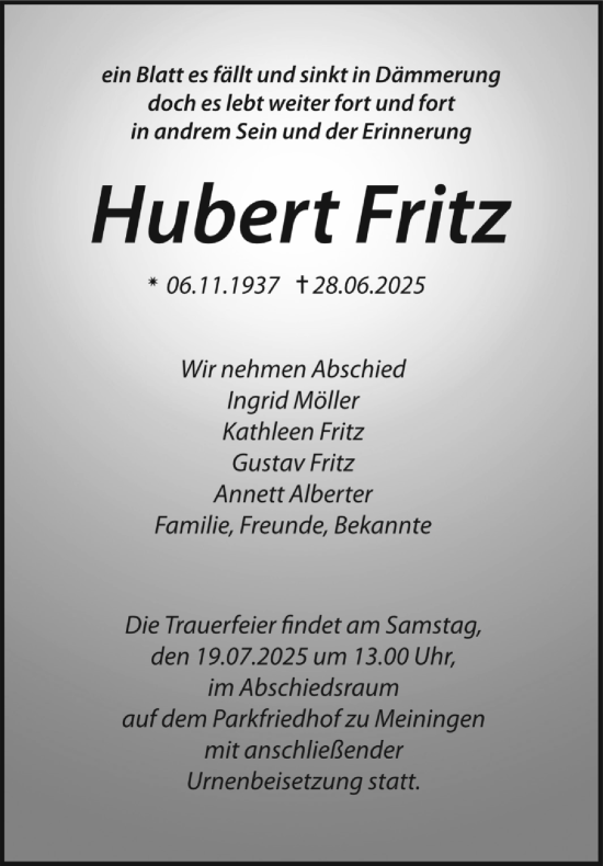 Traueranzeige von Hubert Fritz von Südthüringer Presse