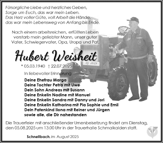 Traueranzeige von Hubert Weisheit von Südthüringer Presse