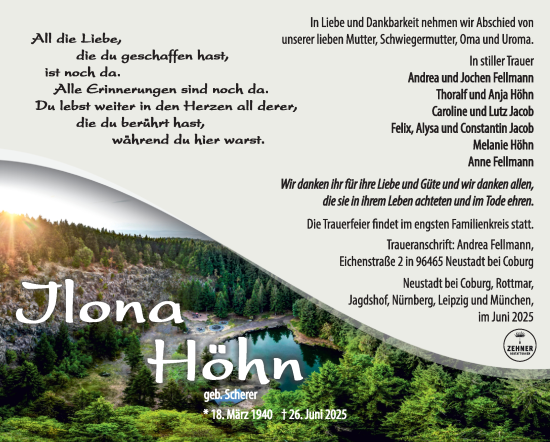 Traueranzeige von Ilona Höhn von Südthüringer Presse