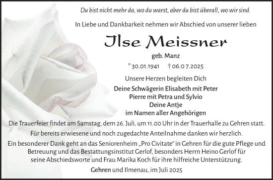 Traueranzeige von Ilse Meissner von Südthüringer Presse