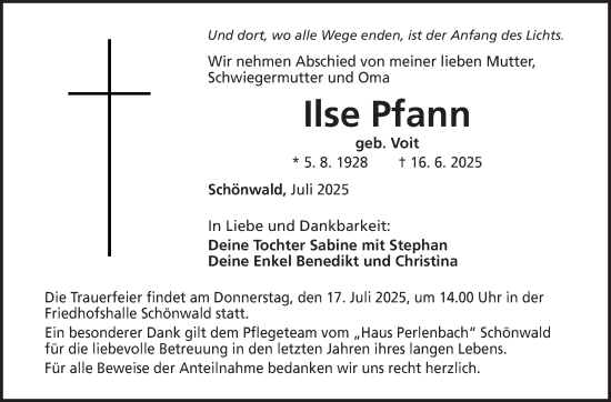 Traueranzeige von Ilse Pfann von Frankenpost