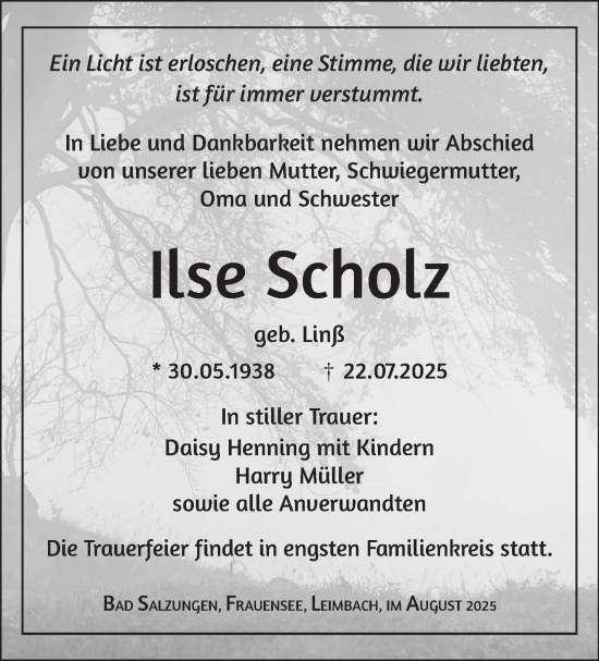 Traueranzeige von Ilse Scholz von Südthüringer Presse