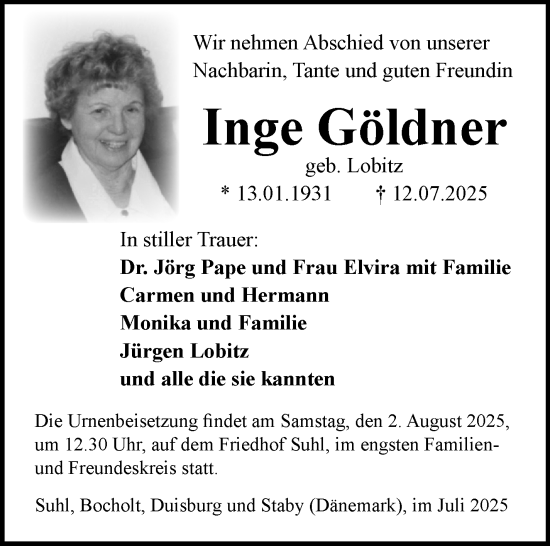 Traueranzeige von Inge Göldner von Südthüringer Presse