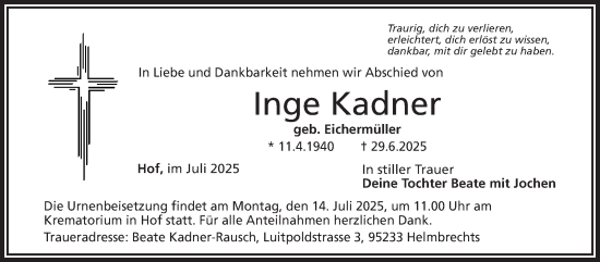 Traueranzeige von Inge Kadner von Frankenpost