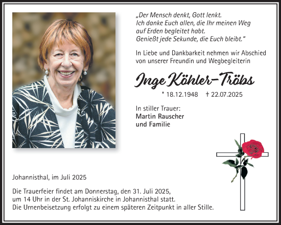 Traueranzeige von Inge Köhler-Tröbs von Neue Presse Coburg
