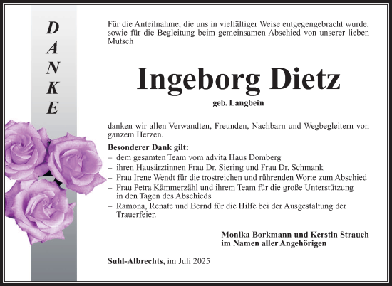 Traueranzeige von Ingeborg Dietz von Südthüringer Presse