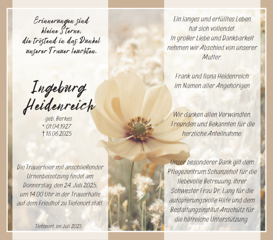 Traueranzeige von Ingeburg Heidenreich von Südthüringer Presse