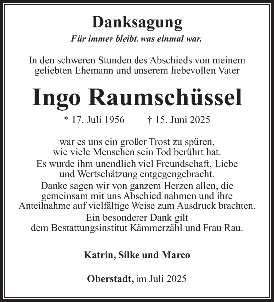 Traueranzeige von Ingo Raumschüssel von Südthüringer Presse