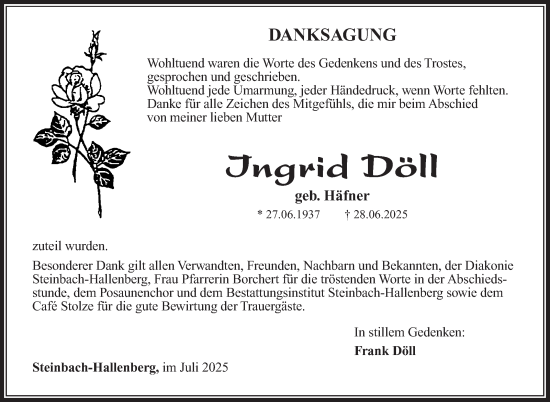 Traueranzeige von Ingrid Döll von Südthüringer Presse