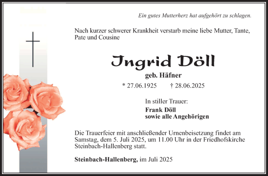 Traueranzeige von Ingrid Döll von Südthüringer Presse