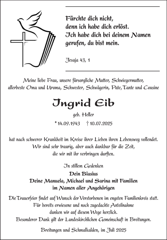 Traueranzeige von Ingrid Eib von Südthüringer Presse