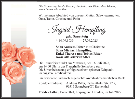 Traueranzeige von Ingrid Hempfling von Südthüringer Presse