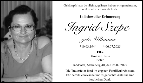 Traueranzeige von Ingrid Szepe von Neue Presse Coburg
