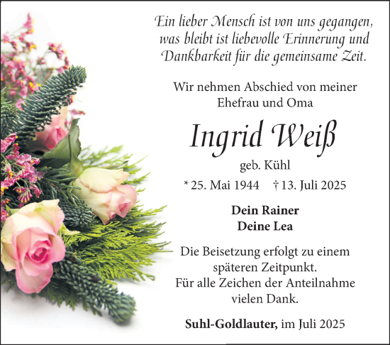 Traueranzeige von Ingrid Weiß von Südthüringer Presse
