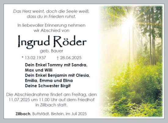 Traueranzeige von Ingrud Röder von Südthüringer Presse