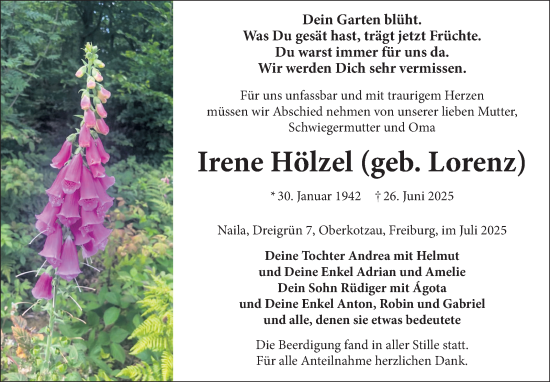 Traueranzeige von Irene Hölzel von Frankenpost