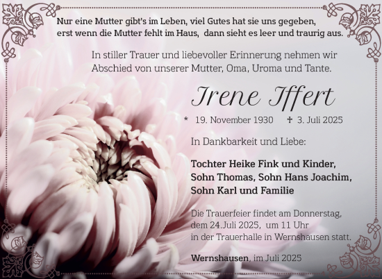 Traueranzeige von Irene Iffert von Südthüringer Presse