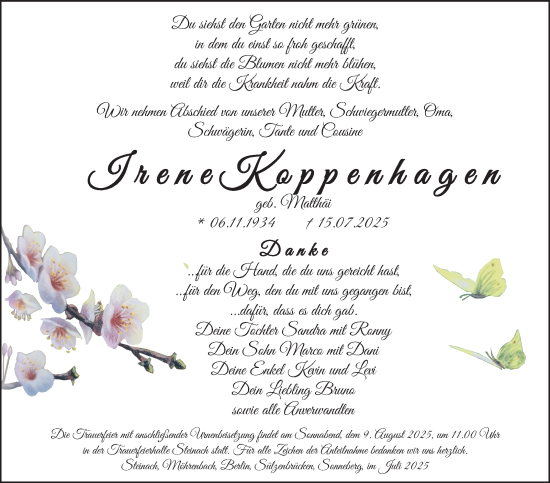 Traueranzeige von Irene Koppenhagen von Südthüringer Presse