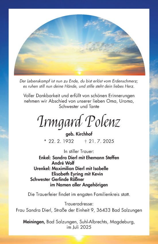 Traueranzeige von Irmgard Polenz von Südthüringer Presse