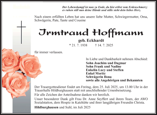 Traueranzeige von Irmtraud Hoffmann von Südthüringer Presse