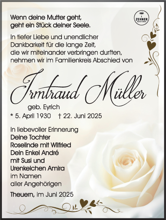 Traueranzeige von Irmtraud Müller von Südthüringer Presse