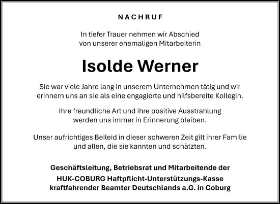 Traueranzeige von Isolde Werner von Neue Presse Coburg
