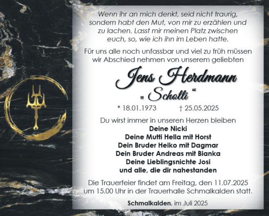 Traueranzeige von Jens Herdmann von Südthüringer Presse