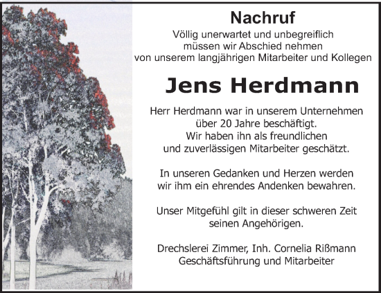 Traueranzeige von Jens Herdmann von Südthüringer Presse