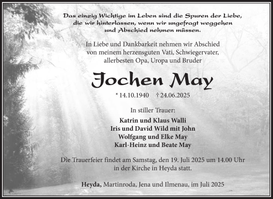 Traueranzeige von Jochen May von Südthüringer Presse